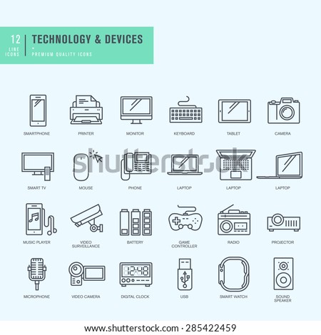 Thin line icons set. Icons for technology, electronic devices.    