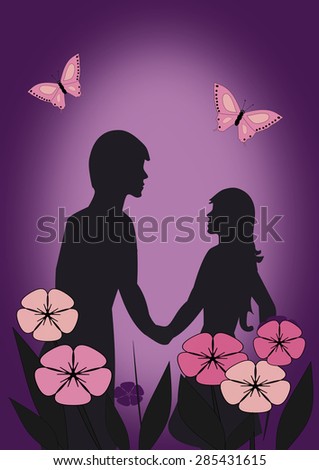 The silhouettes of a couple standing together behind flowers. 


