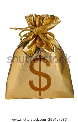 Closeup of golden sack with dollar sign isolated on white background