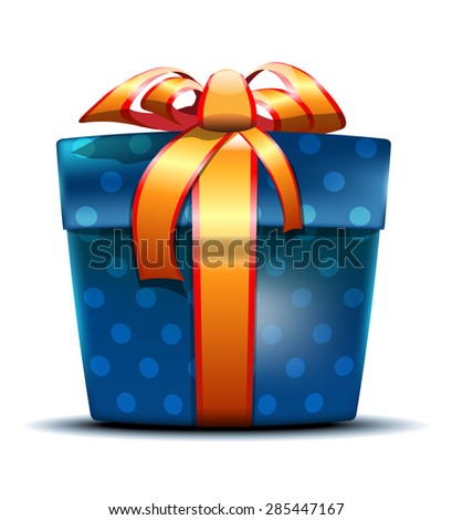 Isolated closed blue gift box with ornaments of the points tied a gold ribbon with a bow. Vector illustration
