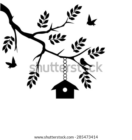 vector illustration of a bird house in the tree branch
