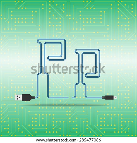 Letter P laid cable. USB blue cable, vector illustration. Background microchip