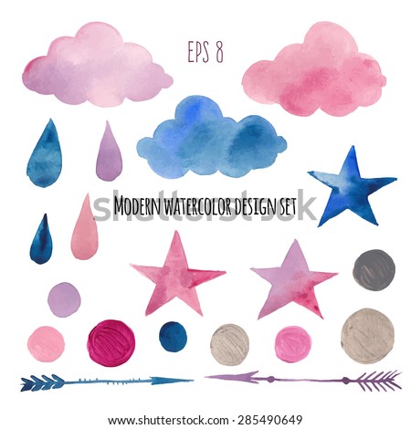 Watercolor modern abstract sticker set. Hand drawn decorative elements: stars, arrows, clouds, rain drops, confetti. Vector collection of party, kids room, printing design in pink, blue and silver