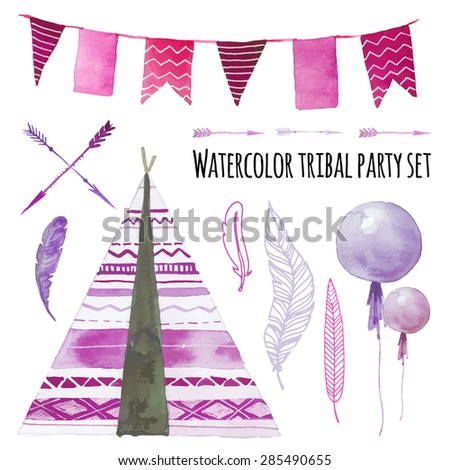 Watercolor tepee wigwam party set. Hand drawn tribal design elements: purple wigwam, tribal arrows, party air balloons, flags garland, various feathers isolated on white background. Vector clip art