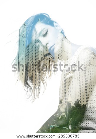 Double exposure of beautiful girl and modern buildings