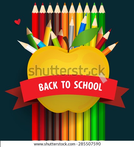 Welcome back to school with Apple and Color pencils background, vector illustration.
