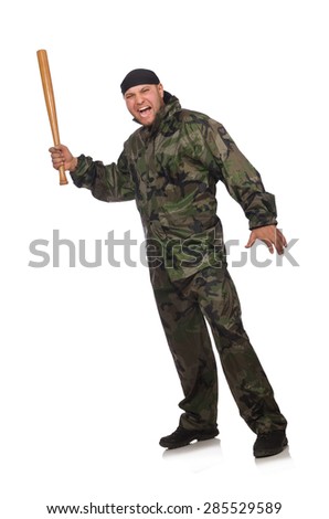 Young man in soldier uniform holding bludgeon isolated on white