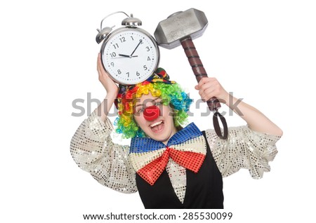 Female clown with alarm-clock and hammer isolated on white