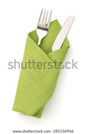 napkin, fork and knife isolated on white background Royalty-Free Stock Photo #285536966