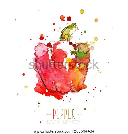 Watercolor red pepper with splashes in free style. Fresh and juicy colors. Hand drawn isolated on white background. Vector illustration