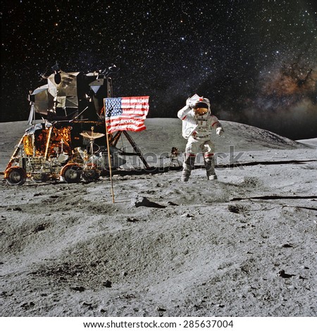 Astronaut on lunar (moon) landing mission. Elements of this image furnished by NASA. Royalty-Free Stock Photo #285637004