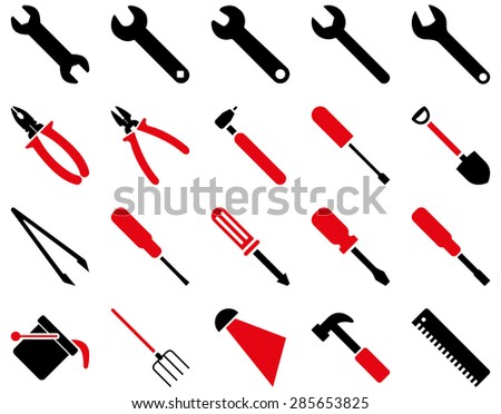 Equipment and Tools Icons. Vector set style: bicolor flat images, intensive red and black colors, isolated on a white background.