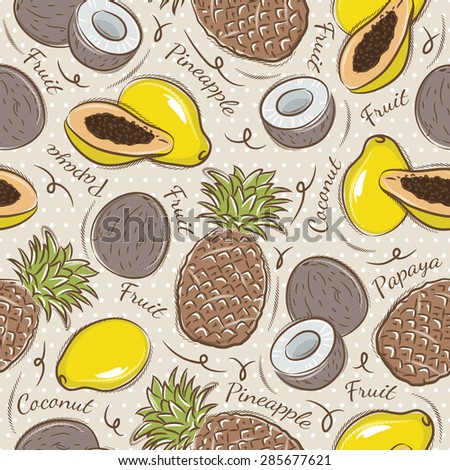 Background with  papaya, coconut and pineapple
Ideal for printing onto fabric and paper or scrap booking.