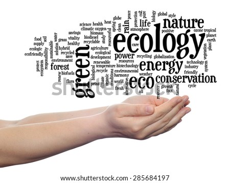 Concept or conceptual abstract green ecology, conservation word cloud text in man hand on white background for environment, recycle, earth, clean, alternative, protection, energy, eco friendly or bio