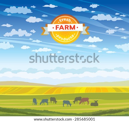 Herd of cows in green field on a cloudy sky. Vector summer rural landscape.