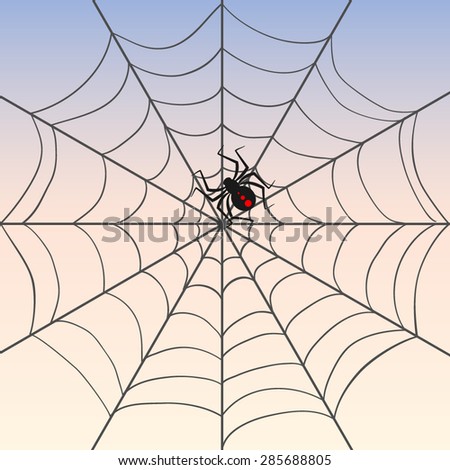 Cobweb with a spider in the center against the sky. Vector illustration.