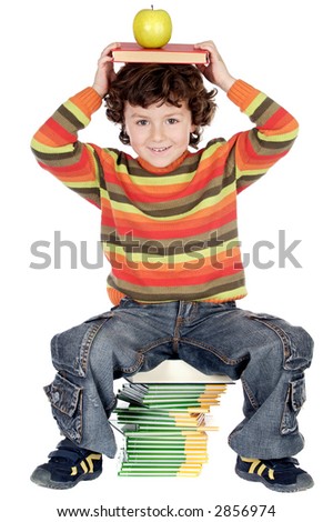 Adorable child studying with books and apple in the head a over white background