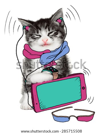 Funny cat loves his gadgets on a white background