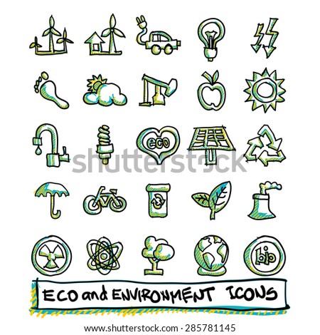 25 hand drawn eco and environment icons collection. Vector format