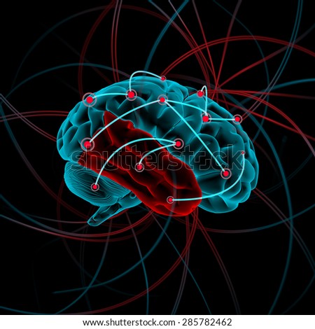 Illustration of brain with impulses,with pain location,at the black background.