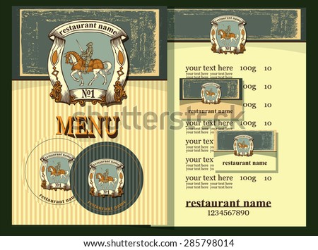 Menu design set contains templates  for  business card,coaster,menu,price,label with knight on horseback on vintage background.Menu design set.Vintage style.