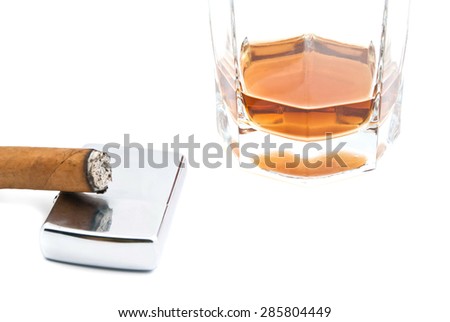 cognac, lighter and cigar on white background