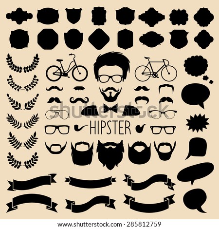 Big vector set of hipster elements, beards, glasses, different shapes ribbons, laurels, labels and speech bubbles in flat style