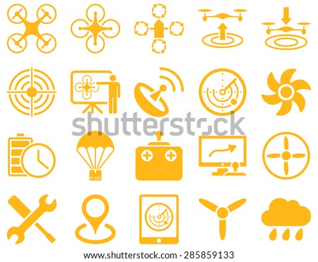 Air drone and quadcopter tool icons. Icon set style: flat vector images, yellow symbols, isolated on a white background.