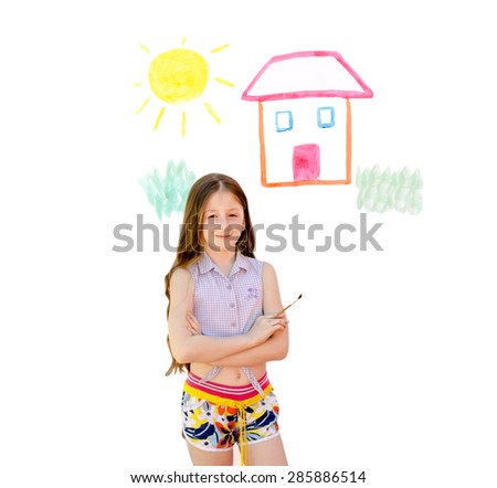 child the girl drew with paints the house and the sun