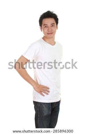 man with pink t-shirt (side view) isolated on white background