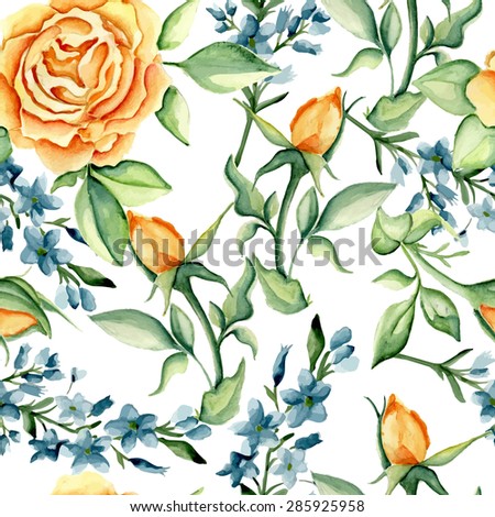 Seamless pattern with roses and blue blossoming branches on a white background. Watercolor. Vector illustration
