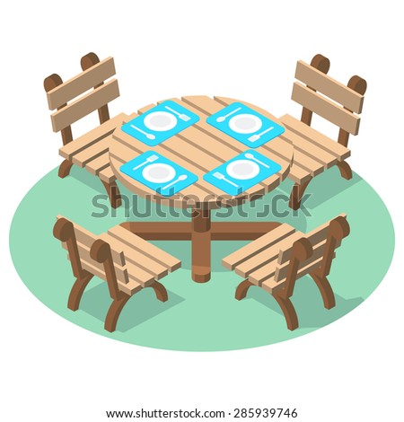 Isometric furniture - dinner table with cutlery and four chairs. Wooden table and chairs for cafe or restaurant.