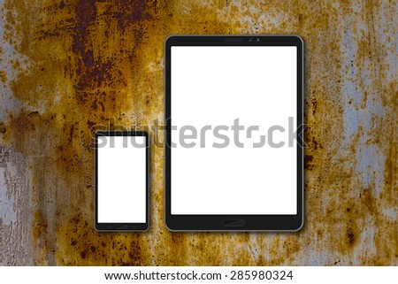 Smart phone (16:9 screen) and tablet (4:3) mockup painted rustic background. Card is 50x90mm. Painted rustic metal have doodle pictures with sunflowers and butterflies.  