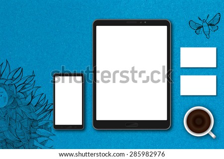 Horizontal business card mockup over craft paper background. Card is 50x90mm. Craft paper  have doodle pictures with sunflowers and butterflies. 