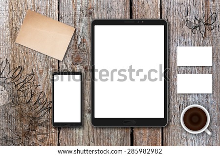 Horizontal business card mockup over natural wood deck table background. Card is 50x90mm. Wood deck have doodle pictures with sunflowers and butterflies. 
