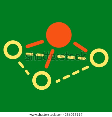 Molecule icon from Business Bicolor Set. This flat vector symbol uses orange and yellow colors, rounded angles, and isolated on a green background.