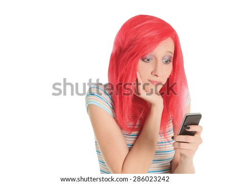 Bright picture of happy red hair woman with cell phone