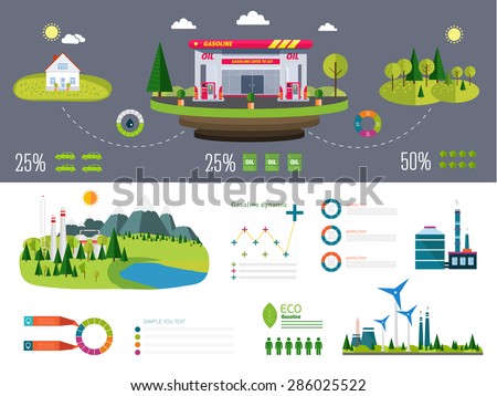 gasoline station infographics with ecology factory, business graphics and technology icons in really life Royalty-Free Stock Photo #286025522