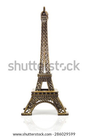 Eiffel tower model, Bronze isolated on white with reflex