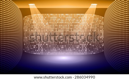 Stage Lighting dark blue orange Background with Spot Light Effects, vector illustration. Abstract light lamps background for Technology computer graphic website internet and business.