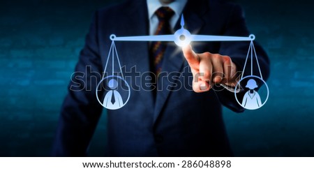 Business manager touching a virtual weighing scale to balance out one female and one male office worker. Metaphor for coaching, recruitment, conflict mediation, gender issues and performance review. Royalty-Free Stock Photo #286048898