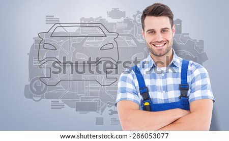 Male handyman standing arms crossed against grey vignette