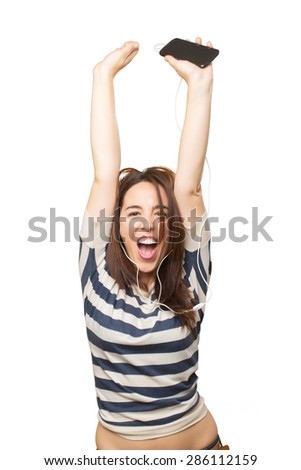 Happy woman listening music. Over white background