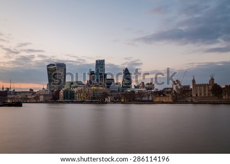 A view towards the financial district of London at sunset