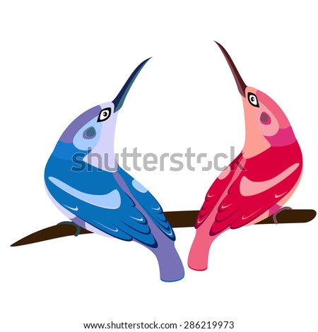 two birds on branch, blue and pink, with long beaks