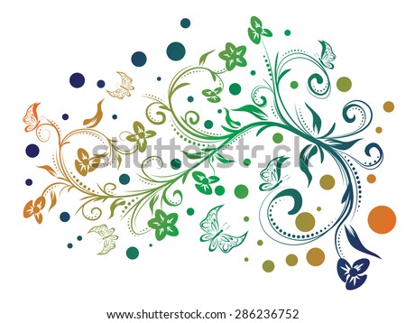 Decorative floral ornament with butterflies orange green and blue color gradient
