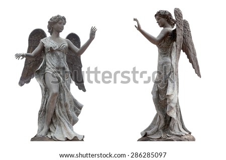 Bronze statue of an angel with wings isolated on a white background the front view. This has clipping path. Royalty-Free Stock Photo #286285097