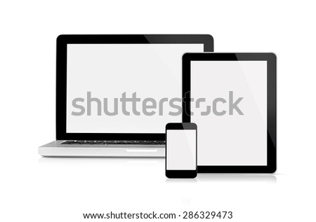 Laptop, tablet and mobile phone - This is a front view of Macbook Pro, iPhone and iPad Apple Inc with blank screen, isolated on white. Royalty-Free Stock Photo #286329473