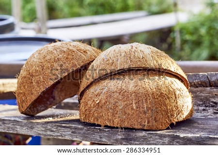 coconut shell on old wood.soft focal & blur