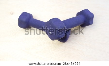 Mini dumbbell or dumb bell tools for workout on empty wooden gym studio surface. Concept of gym basic exercise fitness equipment. Copy space.